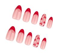 24 Pcs Almond Shape Stick On Nails Valentines Day False French Tip Press On Lovely Heart Artificial