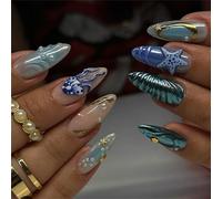 24 Pcs Almond Shaped Acrylic Nails Reusable Press On Star Jellyfish Full Covers Stick On Glossy False