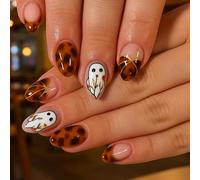24 PCS Almond Shaped Press On Nails - Tortoiseshell Brown & Nude Beige Ghost White Golden Leaf Pumpkin Set for Autumn Harvest Festival Glam, Rustic Forest, Spooky Chic Manicure