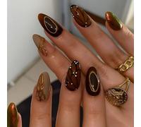 24 PCS Amber Brown Press on Nails - French Tip Mocha Nude Metallic Gold Butterfly Wing Art - Gradient Chrome Effect Mixed Nude Dark Aesthetic Modern Look for Women