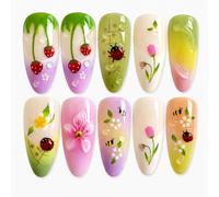 24 Pcs Animal Forest Press On Nails - Hand Painted 3D Ladybug Strawberry Flowers Design - Medium Almond Shape False Nails With Multi-Layer Gel For Women Fashionable Reusable Strips (Berry Bloom)