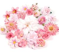 24 Pcs Artificial Flowers Combo Flowers Mix Silk Flowers Dahlia Roses with Stems for DIY Wedding Bridal Bouquets, Baby Shower, Floral Arrangement, Table Centerpieces, Home Decorations. (Pink)