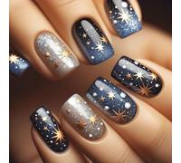 24 Pcs Astral False Nails Colorful Artificial Glittering Full Covers Stick on Short Square Press on