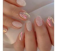 24 Pcs Aurora-Glitter Press-On Nails - Short Almond French-Tip False Nails, Glossy Full-Cover Oval, Reusable Acrylic, Stickers & File Included, DIY Manicure Set