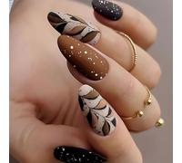 24 Pcs Autumn Artificial Nails Fall False Nails Coffee Leaves Stick On Nails Long Almond Press On Nails For Holiday