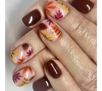 24 Pcs Autumn Leaf False Nails Thanksgiving Artificial Nails Fall Full Covers Stick On Nails Short Square Press On Nails