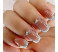 24 PCS Baby Blue French Tip Press on Nails with Rhinestones, Square False Nails with Blue Border, Glossy Stick On Nails with Jelly Adhesive Tabs, Multiple Sizes for Women