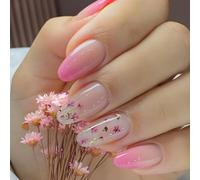 24 PCS Baby Pink Gradient Press On Nails - Dried Flower Decoration Romantic Floral Nail Art Glossy Fake - for Women Suitable for Daily or Travel Garden Style Art