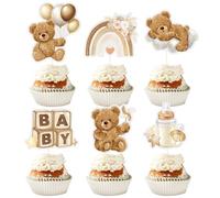 24 pcs Baby Shower Bear Cupcake Toppers Brown Bear Cake Toppers for Boy Kids Baby Shower Cake Decorations Gender Reveal Birthday Party Cake Supplies
