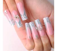 24 Pcs Ballerinas False Nails Star Artificial French Tip Stick on Glittering Press on with Rhinestones