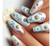 24 Pcs Ballerinas Press On Nails Long False White Flowers Acrylic Stylish Full Covers Stick On