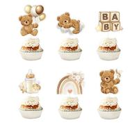 24 Pcs Bear Cupcake Toppers - Brown Bear Cake Decorations for Baby Shower, Gender Reveal, Birthday Party, Boy & Girl Kids Cakes