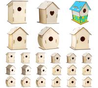 24 Pcs Bird House Kits for DIY Painting, Wooden Assorted Shapes, Pre-Cut Seasonal Craft Project, Art Activity for Parties and Classrooms, Unfinished Birdhouses for Creative Display
