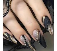 24 Pcs Black Almond Press on Nails Medium Length Gold Foil Fake Nails Gold Glitter Full Cover False Nails with Black Golds Line Design Artificial nails for Women Girls Acrylic Manicure Decoration