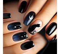 24 Pcs Black Cats Stick On Nails Gradient Artificial Nails Moon And Star False Glossy Press On For Woman Girls