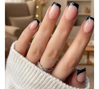 24 Pcs Black French Tip False Nails Square Shape - Premium Material Fake Nails for Women, Classic Nude Base with Black Edge Design, Suitable for Wearing on Various Occasions