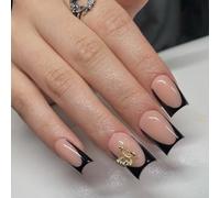 24 Pcs Black French Tip Stick On Nails Festival False Nails Mediums Square Press On Nails Butterfly Artificial Nails