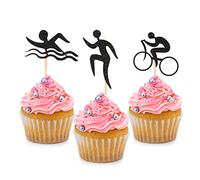24 PCS Black Glitter Triathlon Cupcake Toppers Swimming Running Cycling Picks for Sports Theme Party Birthday Wedding Baby Shower Anniversary Party Cake Dessert Decorations Supplies