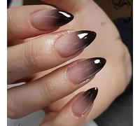 24 Pcs Black Ombre Press on Nails Short Almond, Goth False Nails, Reusable Stick on Nails for Women, Girls, Beginners for Halloween Manicure, Parties (Glossy)