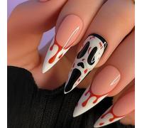 24 PCS Blood Red Press-On Nails - Almond Shape Midnight Black Crimson Drip Ghost Face - Chic Horror Movie Design Halloween Scary Glam Dark Gothic for Women Festival Thanksgiving