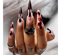 24 PCS Bloody Crimson Press-On Nails - Long Almond Shape Bone White Vein Burgundy Vampire Blood Drip - Gothic Horror Halloween Slasher Chic Dark Drama for Women Festival Thanksgiving
