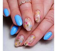 24 Pcs Blue Floral Print Almond Press on Nails - Short False Nails with Fresh Blue & Floral Combination, Playful Jelly Gel Effect and Multicolor Flowers