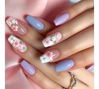 24 Pcs Blue Flower Press-On, Almond Short False, French Tip Stick-On for Women