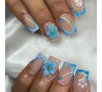 24 Pcs Blue Flower Square Press On Nails with Jelly Adhesive Tabs - Charming Blue Floral Design, Elegant French Tip Style, Rhinestone & Gold Details, Short False Nails for Women Summer