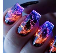 24 Pcs Blue Lightning Fake Nails Short Square Shaped Press on Nails Aurora Flame Stripe Designs Blue Black Glossy False Nail Full Cover Glitter Acrylic Nails Sparkly Stick on Nail Women Nail Art DIY
