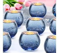 24 Pcs Blue Tea light Candle Holders, Mercury Glass Votive Candle Holders Bulk, 5 x 5.5 cm Round Table Centerpieces Decoration for Anniversary Wedding Home Decor Halloween Christmas Church