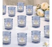 24 Pcs Blue Tea light Holders for Wedding, 6 x 7 cm Glass Votive Candle Holders Decorations Bulk Vintage Embossed Tea light Candles Jars for Table Centrepiece Favors Birthday Party Home Decor Church