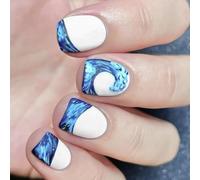 24 Pcs Blue White False Nails With Water Patterns Short Square Press On Nails Manicure Decoration For Everyday Use