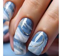 24 Pcs Blue White French False Nails Square Press On Nails with Accessory Tools - Elegant Design Full Cover Fake Fingernails for Women 12 Sizes Suitable For Wearing Various Occasions