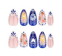 24 Pcs Blue White French Tip Short Almond False Nails Full Covers Stick on Flowers Acrylic