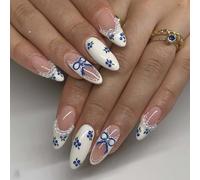 24 Pcs Blueberry Bow Press on Nails - Fresh Blueberry-Inspired Design, Medium Almond French Tip False Nails, Chic Blue and White Contrast, Delicate Bow and Pearl Accents