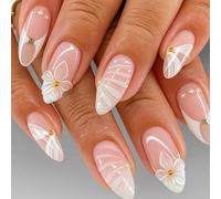 24 PCS Blush Nude Press On Nails - Almond Shape Medium Length False Nails White Flower & Golden Spark Floral Abstract Mix Design for Women Wedding Party Events