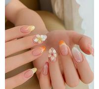 24 PCS Blush Pink Press On Nails - with Gradient Colors Almond Shape Sunset Orange Golden Highlight Floral Accents - for Women Mixed Artistic Playful Bead Pearl Details