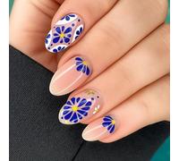 24 PCS Bold Blue Flowers Press On Nails - Short Almond Shape False Nails Bright Yellow Clear Base Hand Painted Floral Art - for Women Minimalist Yet Elegant Style