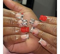 24 Pcs Bows Artificial Nails Zebras Printed French Tip Press On Square Stick On Glossy False