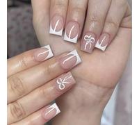 24 Pcs Bows Stick On Nails French Tip Artificial Nails Short Square False Glossy Press On For Woman Girls