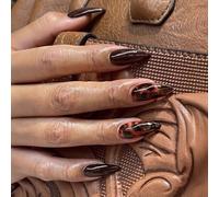 24 Pcs Brown False Nails with Leopard Design, Acrylic Press on Nails Medium, Almond Amber Pattern Full Cover Fake Nails Press on for Women