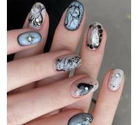 24 Pcs Butterfly False Nails Silver Black Lines Artificial Nails Full Covers Stick On Nails 3D Rhinestones Press On Nails
