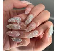 24 Pcs Butterfly Stick On Nails Flower Artificial Mediums Almond False Bows Press On For Woman