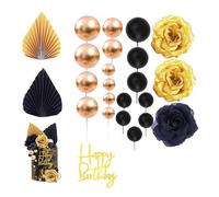 24 Pcs Cake Decorations Kit, Happy Birthday Cakes Topper, Black-Gold Artificial Flower Cakee Toppers, Golden Balloon Cake Toppers, Boho Paper Palm Fan Cake Balls for Cake Deco Birthday Party