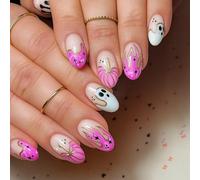 24 PCS Candy Pink Press-On Nails - Short Almond Shape Nude Beige Golden Outline Pearl White Ghost & Pumpkin Chic Neon Fire Fantasy Pink Halloween Glam for Women Festival Thanksgiving