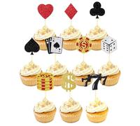 24 Pcs Casino Cupcake Toppers, Casino Theme Party Decorations, Glitter Poker Chips Toppers for Vegas Themed Party Decorations, Fruit Food Picks for Poker Night Decor