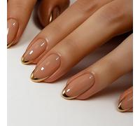 24 PCS Champagne Nude Press On Nails - Short Almond Shape Molten Gold French Tip Nude Tone Glossy Finish - for Women Elegant Nature Golden Modern Minimalist Glam Style