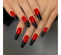 24 PCS Cherry Wine Gloss Press On Nails - Glossy Long Coffin Shape Deep Black Gradient Nails - Vampy Chic Look Ultra Long Extension Minimalist Day Look for Women