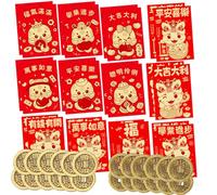 24 Pcs Chinese Red Envelopes, Chinese New Year Red Envelopes for Money 2025 Snake Lunar New Year with 24 Lucky Feng Shui Coins for Party Wedding Chinese Lunar Year