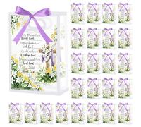 24 Pcs Christian Church Clear Gift Bags with Handles Religious He is Risen Plastic Treat Bags with Ribbon Bible Verse Cross Goodie Pouches for Baptism Easter Wedding Birthday Party Favor (Lily Flower)